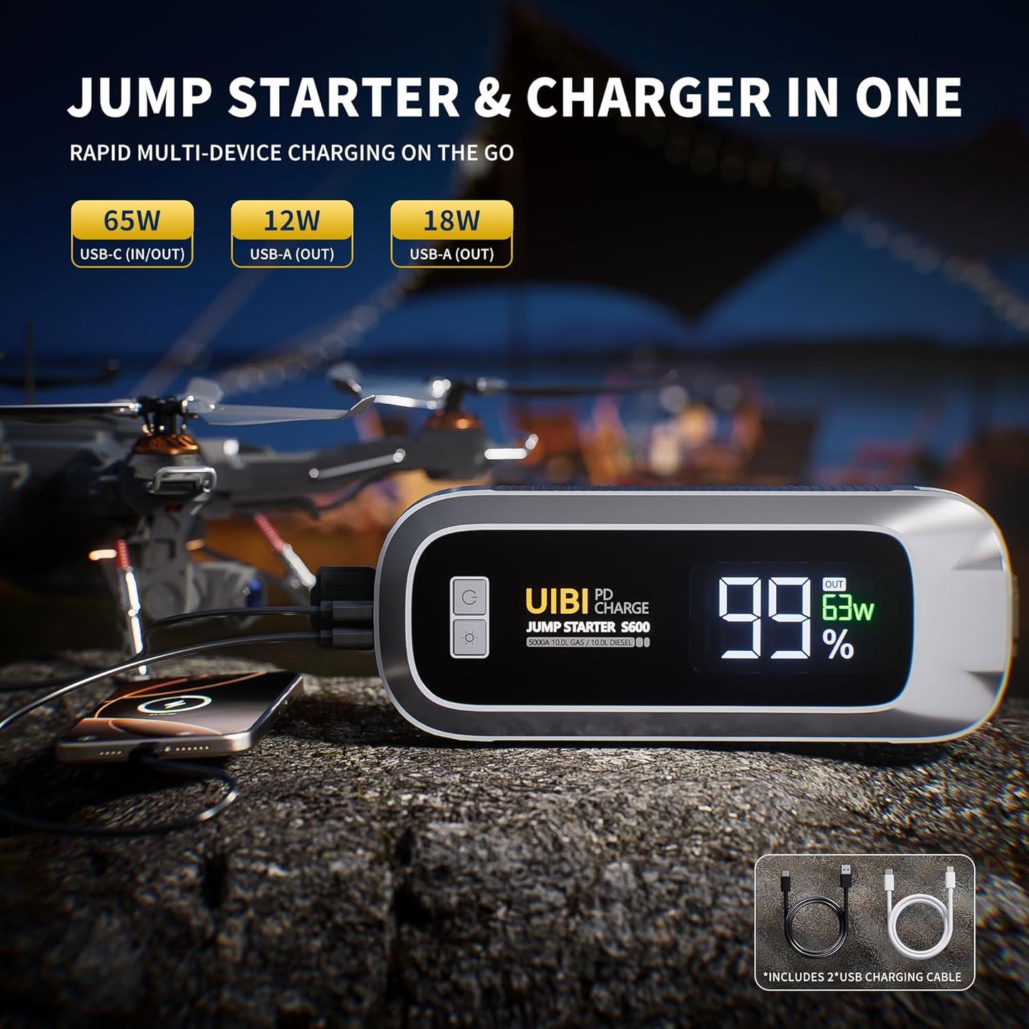 S600 Jump Starter 5000A, 26800mAh Car Battery Jumper Starter Portable with PD65W Fast Charge, LCD Display, 2 LED Lights, 12V Portable Car Jumper Battery Booster Pack for 10L Gas 10L Diesel Engine