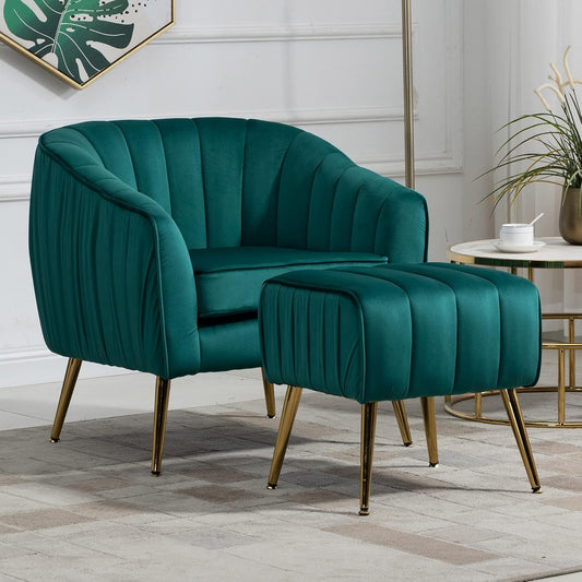 Yoluckea Modern Velvet Tub Barrel Chair with Ottoman Mid Century Upholstered Single Sofa Armchair Comfy Accent Living Room Chair with Ottoman Footrest Set for Bedroom Reading Room -Christmas Green