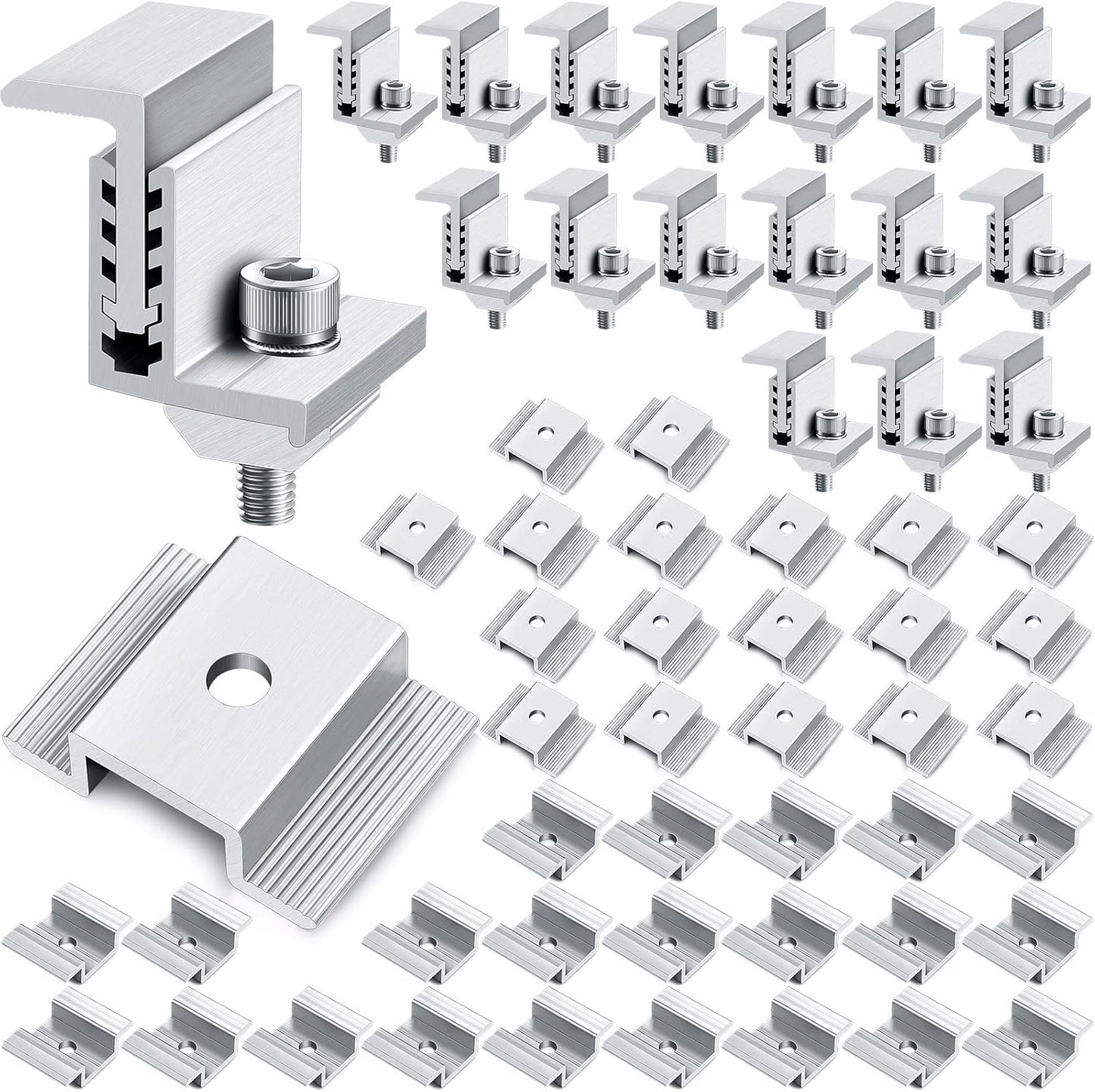 1.06 Inch Solar Panel Bracket Aluminum Solar Mid Clam with Mounting Brackets 32-50 mm Clamps Adjustable End Panel Clamps(56 Pieces)