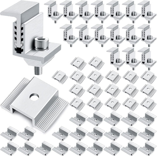 1.06 Inch Solar Panel Bracket Aluminum Solar Mid Clam with Mounting Brackets 32-50 mm Clamps Adjustable End Panel Clamps(56 Pieces)