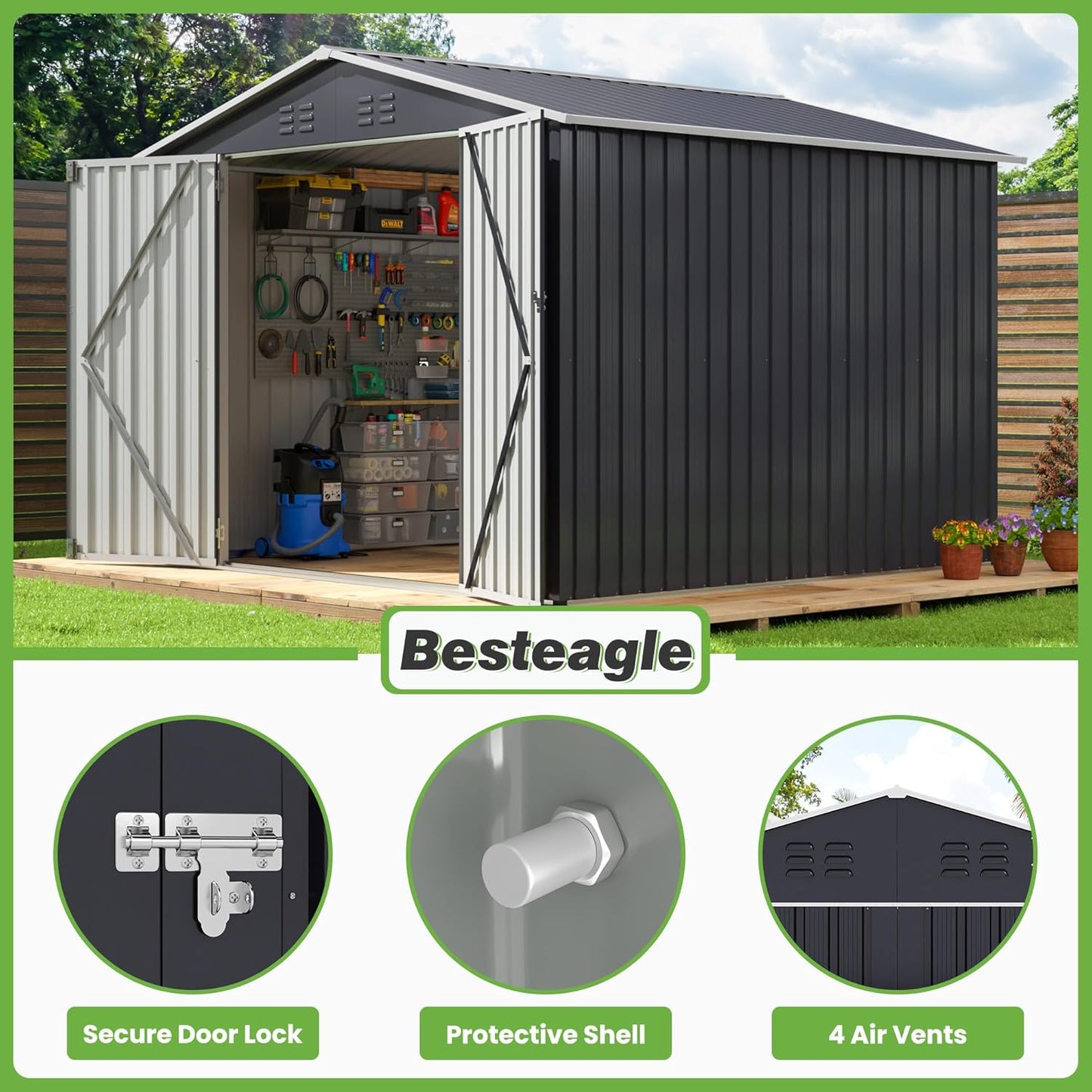 8x8 FT Outdoor Storage Shed, Utility Metal Tool Storage with Lockable Doors and Updated Frame Structure, Large Metal Garden Shed for Backyard, Patio Lawn, Black