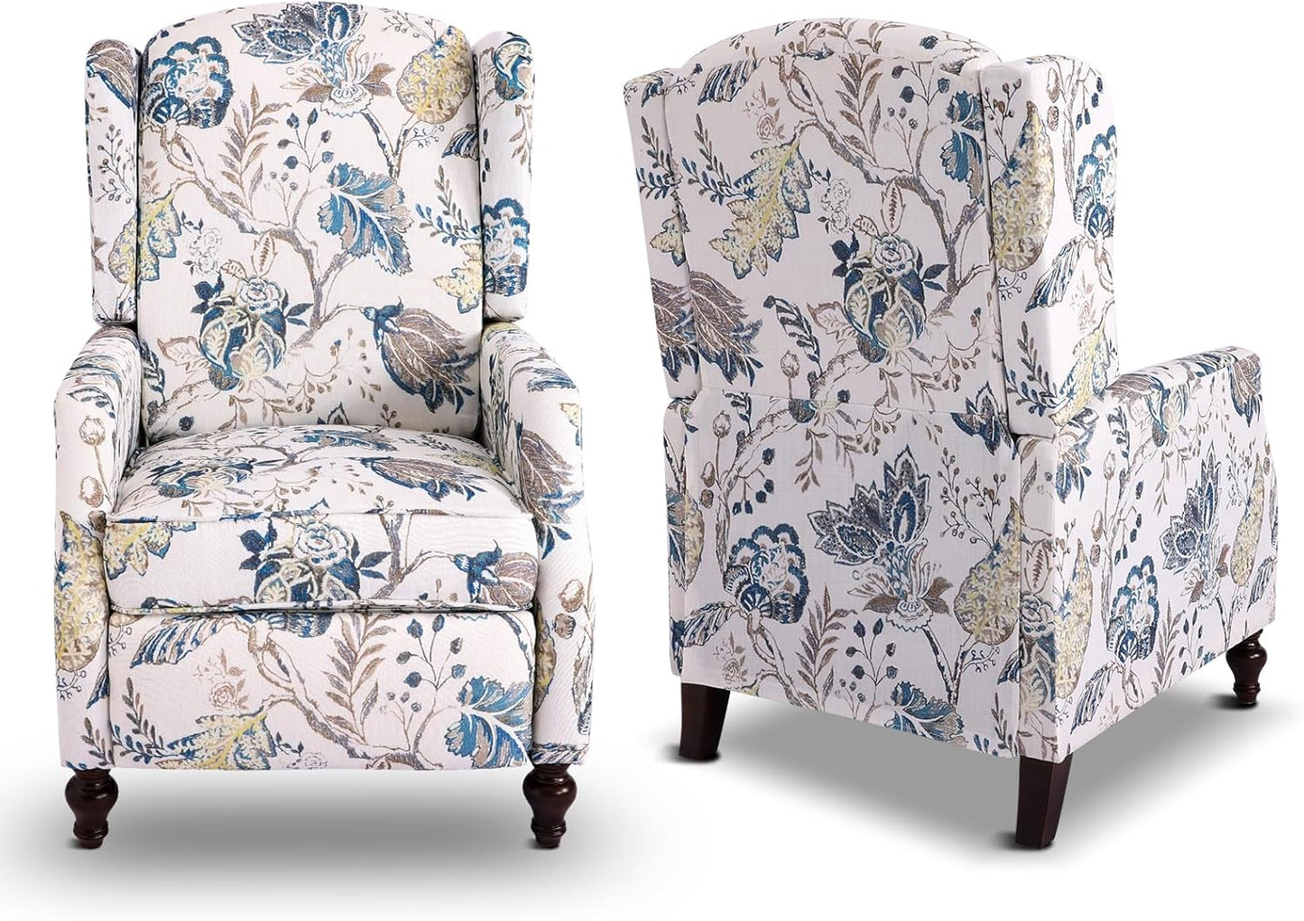 Set of 2 Wingback Recliner Chairs, Mid-Century Modern Push-Back Manual Recliners for Adults, Upholstered Floral Accent Chairs with Solid Wood Legs for Living Room & Bedroom, Blue