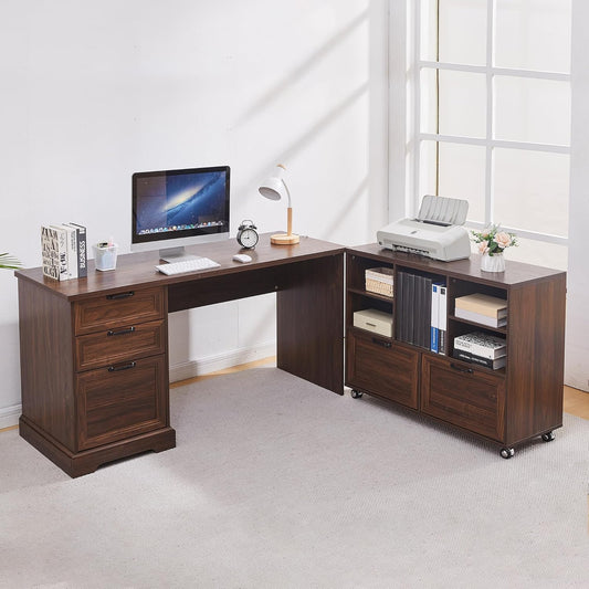 60" L-Shaped Executive Desk with 40" File Cabinet,Farmhouse Home Office Desk with Charging Station,Wood Computer Desk Set for Office Work,Home Study (Brown)