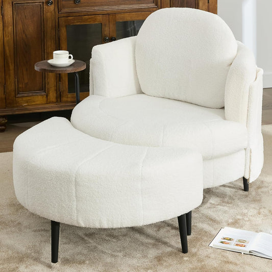 42.5" Lamb Velvet Sleeper Chair with Ottoman & Armrests, Upholstered Chaise Lounge Recliner with Side Table & Footstool, Removable Headrest, Single Reading Sofa Chair for Bedroom (White)
