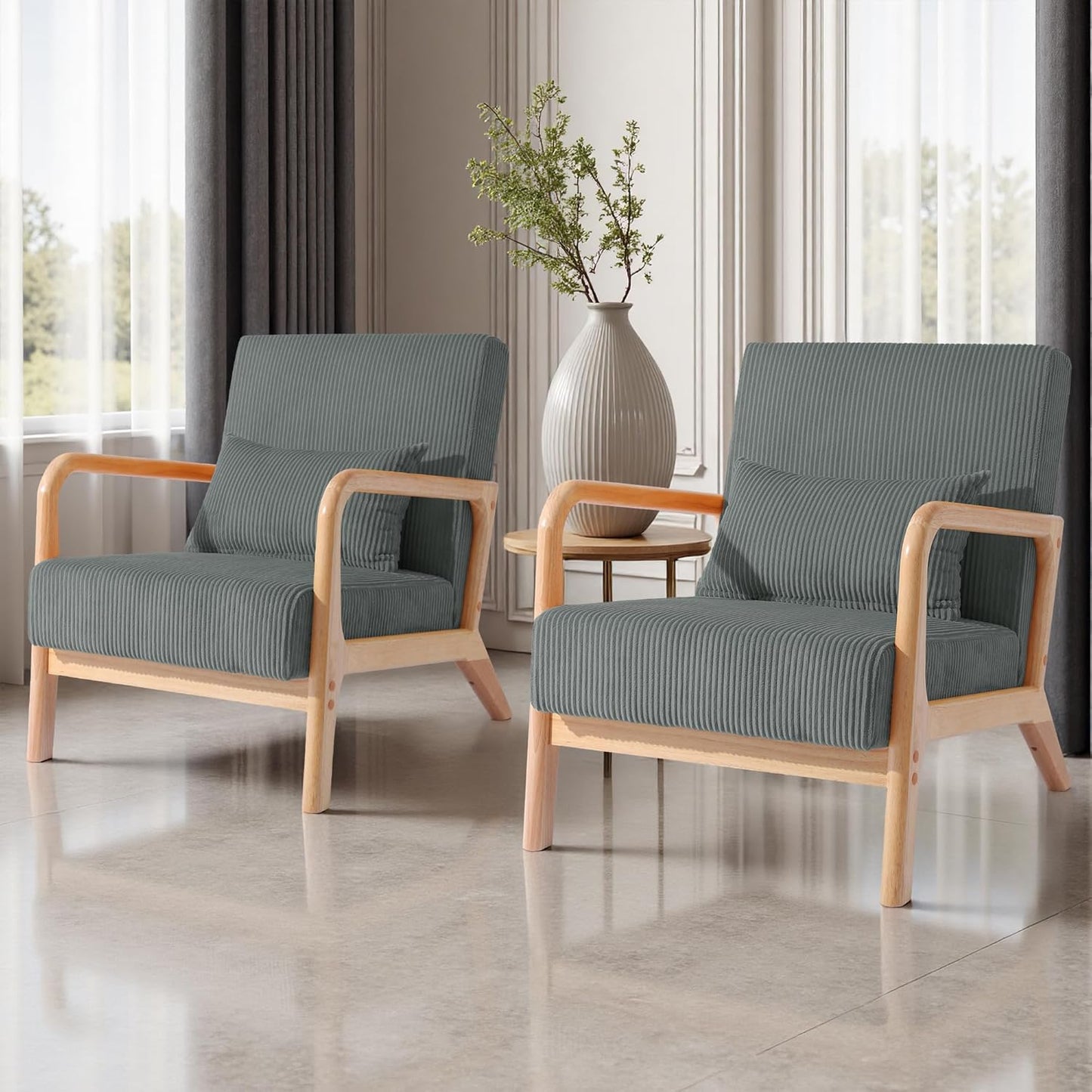 UIXE PU Leather Accent Chairs Set of 2, Upholstered Armchair for Living Room, Modern Arm Chair Comfy Single Sofa Bedroom Reading Seat with Lumbar Pillow - Hunter Green