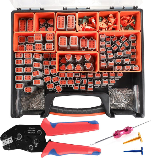 634PCS 50Kits DT Connector Kit, Crimping Tool for Deutsch Connectors, Terminal Removal Tool, 2 3 4 6 8 12 Pin Waterproof Automotive Electrical Wire Connector, Size 16 Stamped Contacts 14-18AWG