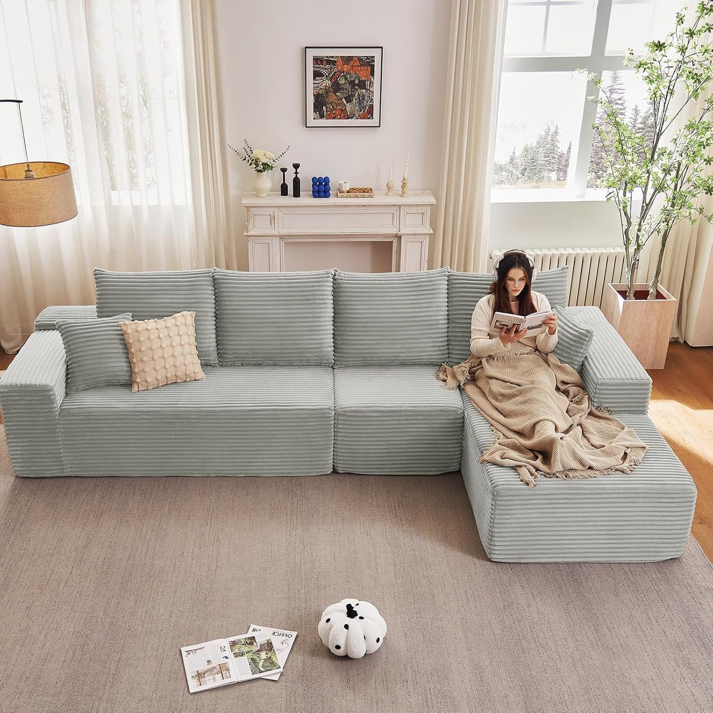 107" Modular Sectional Couches for Living Room, Comfy Boneless L Shaped Cloud Couch with Chaise Lounge, Modern Cozy Corduroy Deep Seat Floor Sofa, Memory Foam, No Assembly Required, Black