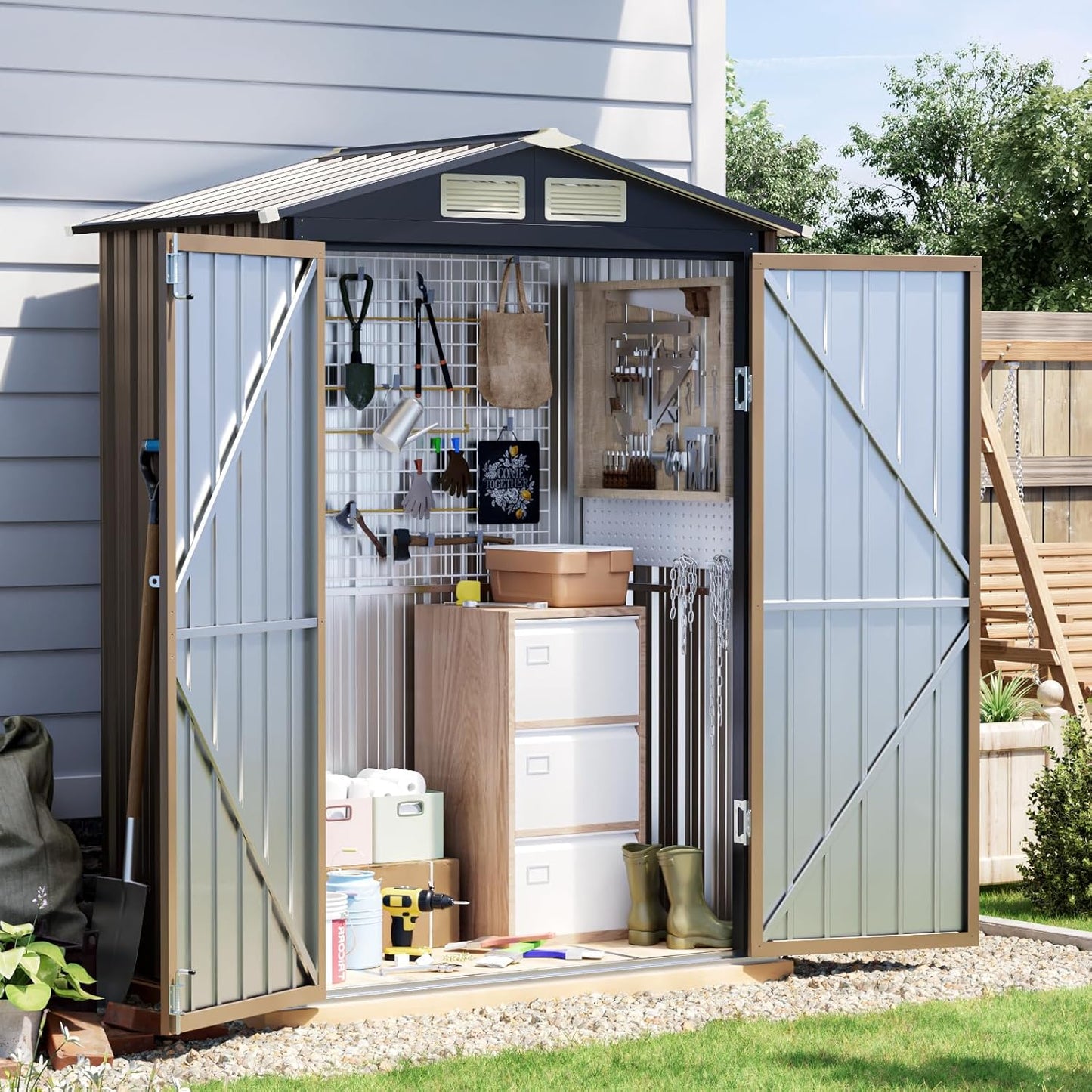8x6 FT Outdoor Metal Storage Shed with Floor Frame, Double Doors, 1 Clear Window, Tool Shed for Garden, Patio, Backyard Brown