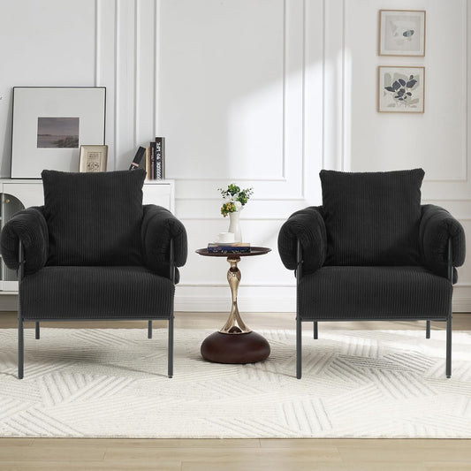 YISHENG Modern Velvet Accent Chair Set of 2 Upholstered Comfy Lounge Sofa Chair, Fabric Oversize Lazy Arm Chair with Soft Cushion, Metal Frame Reading Chair for Living Room, Balcony,Bedroom,Black