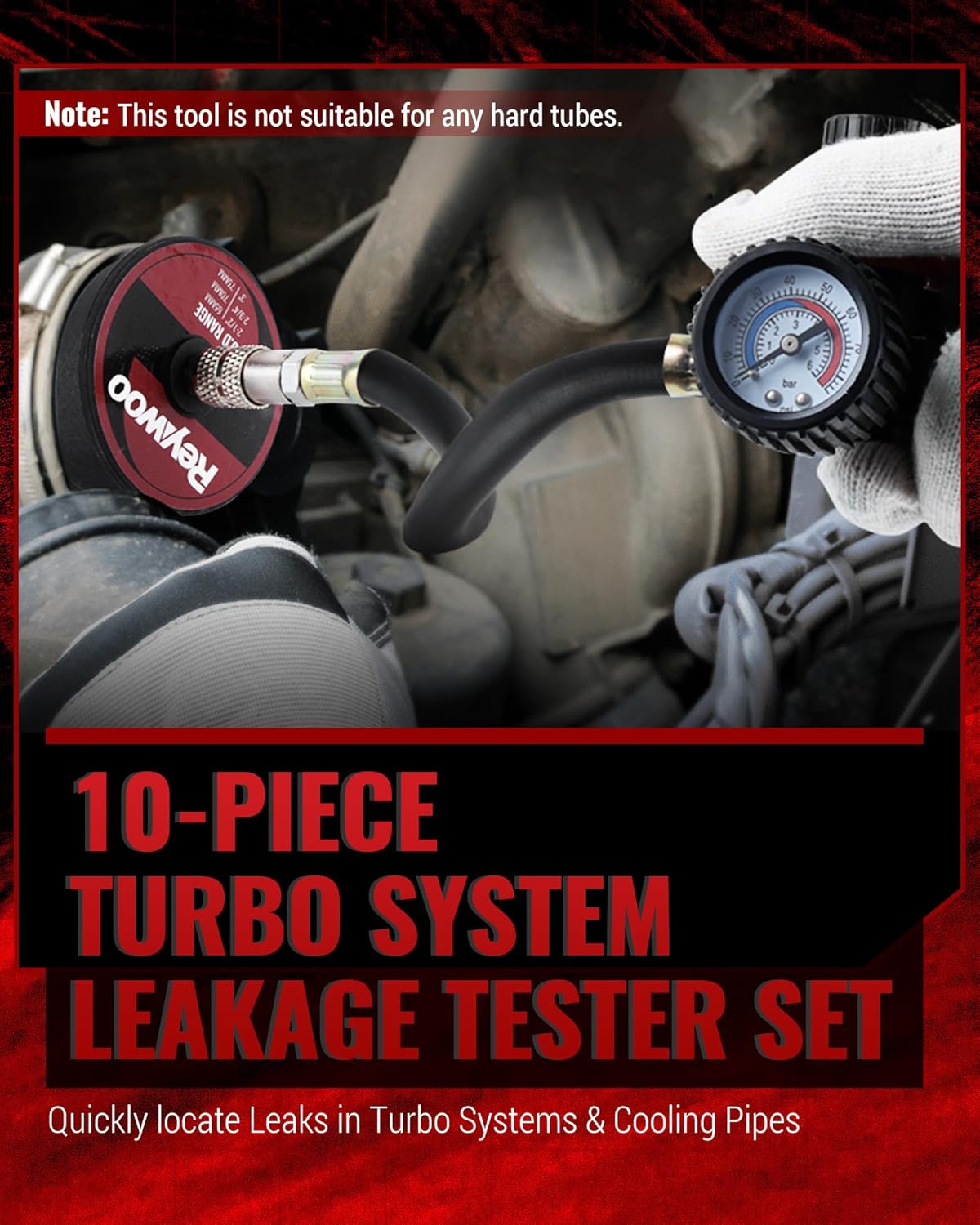 Turbo Boost Leak Tester Kit, 10pc Turbo System Leakage Tester Set with 4 Pairs of Stepped Adapters 1-3/8" to 3-1/2", Turbo Pressure Leakage Tester for Cooling Emissions Exhaust Pipes