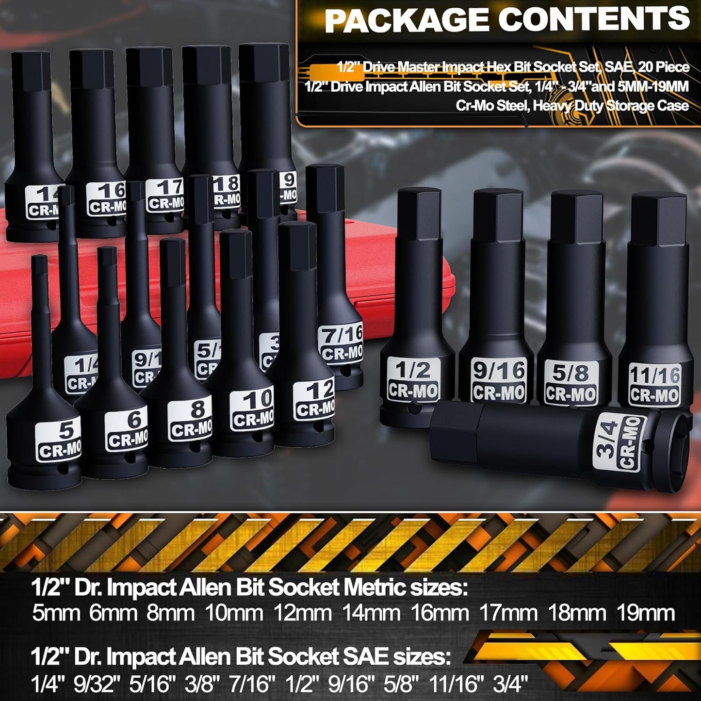 1/2" Drive Master Impact Hex Bit Socket Set, Metric & SAE, 20-Piece 1/2 Inch Drive Impact Allen Bit Socket Set, 5mm - 19mm & 1/4" - 3/4", Cr-Mo Steel, Heavy Duty Storage Case