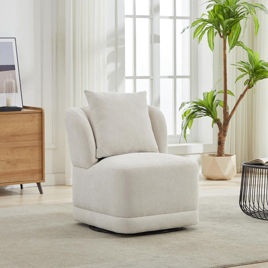 Swivel Accent Chair for Living Room,360° Rotating Barrel Chair with Square Back Pillow,Boucle Swivel Chair,Modern Linen Fabric Recliner for Adults,Cream White