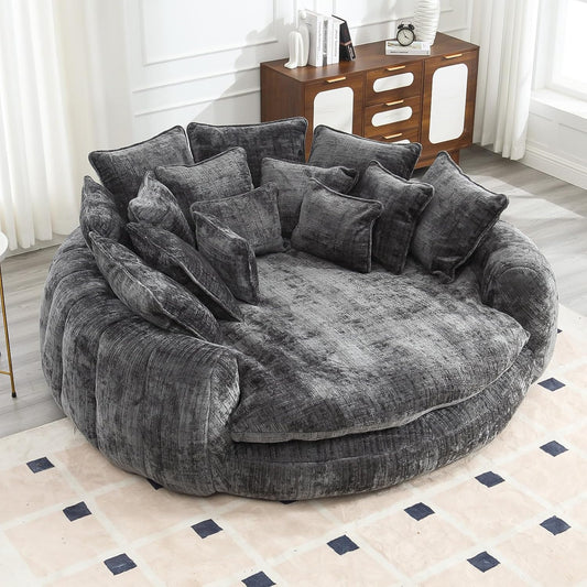 81.1" Oversized Round Chaise Lounge Chair, Extra-Wide 2-Person Accent Chair with 14 Pillows, Comfy Cloud Sleeper Sofa for Living Room (Dark Grey)