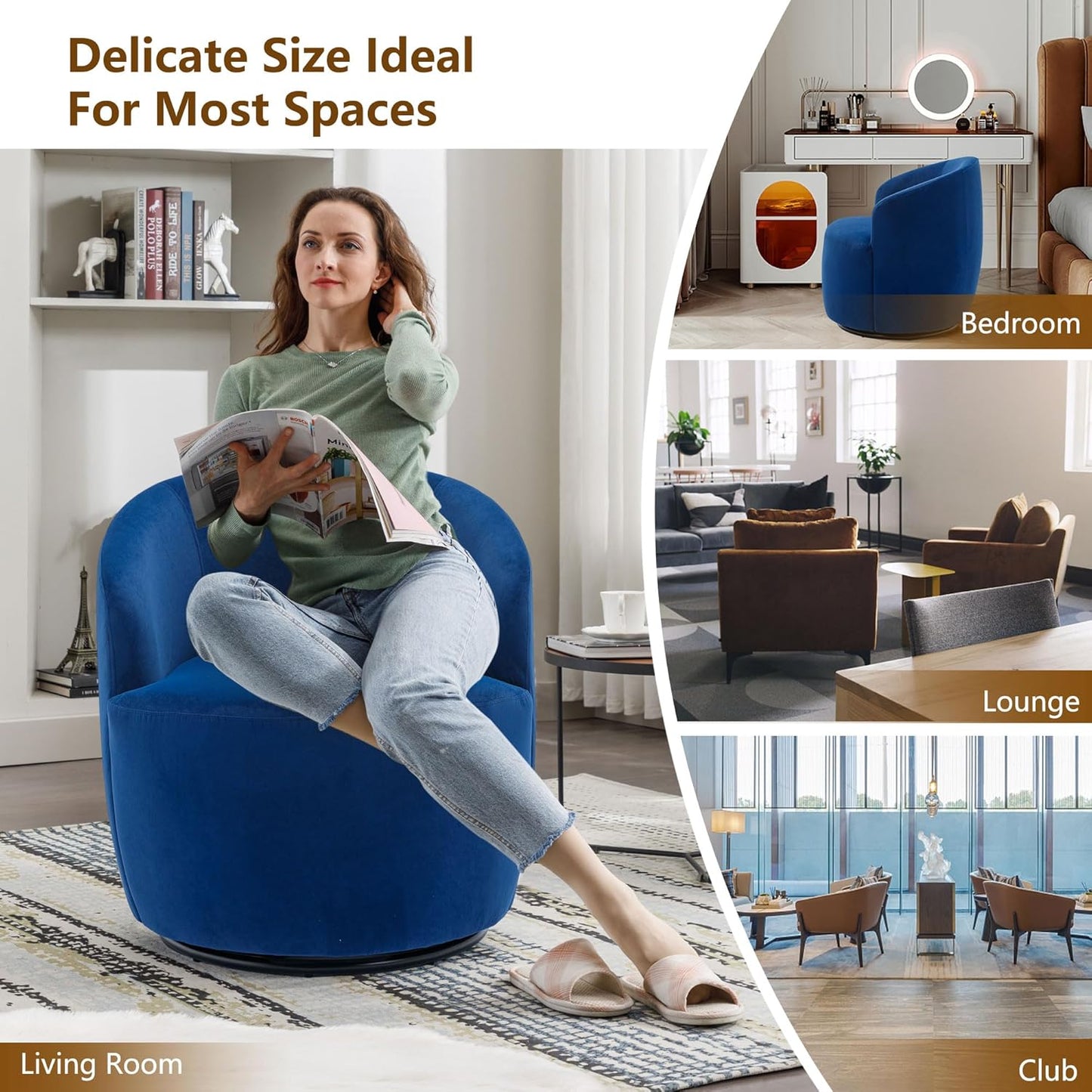 Swivel Accent Chairs Set of 2, Modern Round Vanity Chair for Living Room, Comfy Velvet Barrel Armchair, Small Single Sofa, Blue