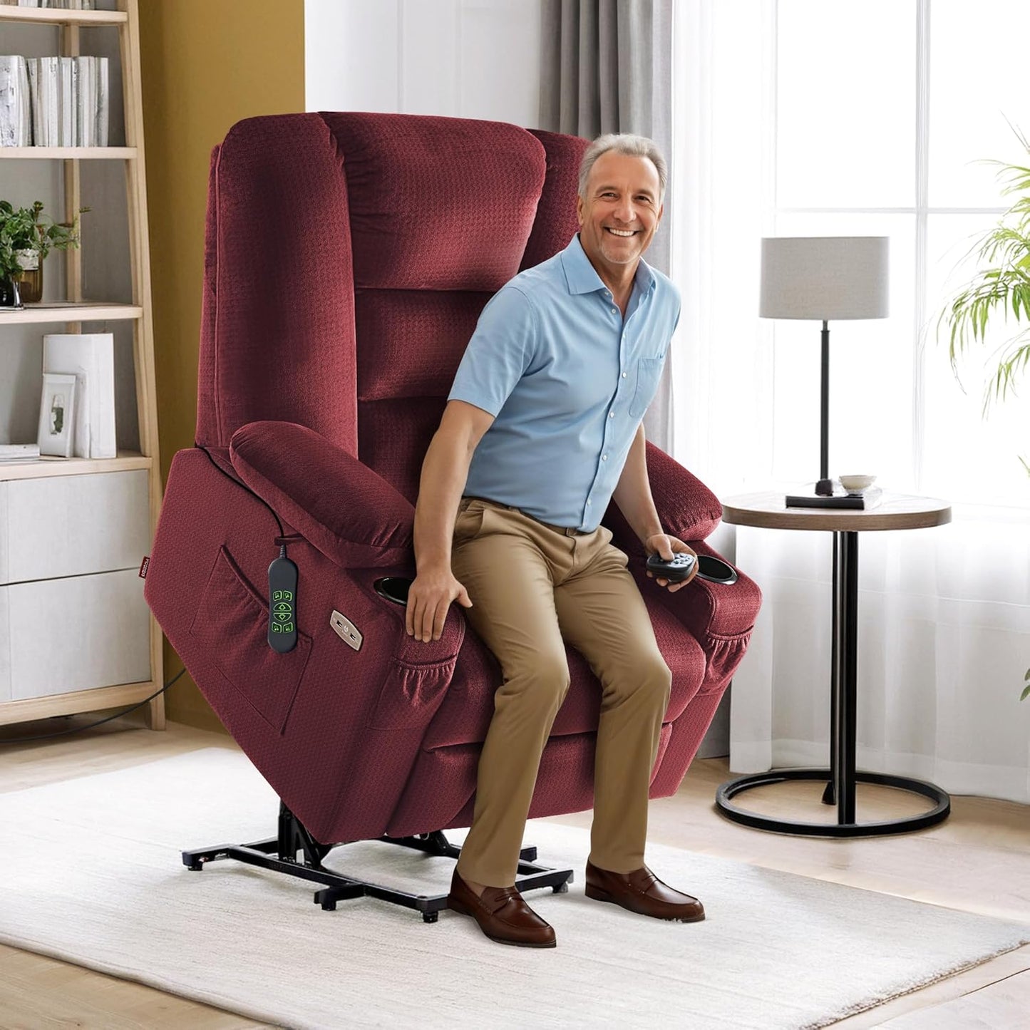 MCombo Large Power Lift Recliner Chair Sofa with Massage and Heat for Big and Tall Elderly People, 3 Positions, Cup Holders, and USB Ports, Fabric 7549 (Large, Burgundy)