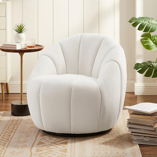 Art Leon Swivel Accent Chair, Modern Fabric Upholstered Barrel Chair, Round Comfy Armchair with Metal Base for Living Room Bedroom, Off White