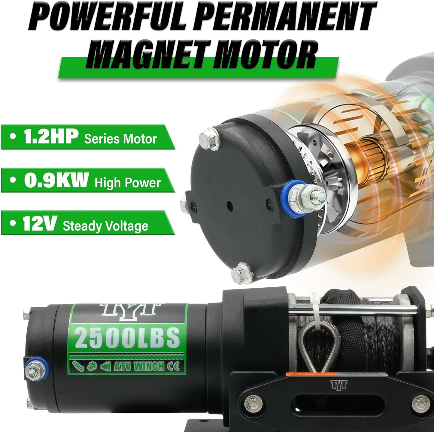2500 lb ATV Electric Winch, 12V DC, Heavy Duty Synthetic Winch Rope 1/5" x 32FT, Wired Remote Control, Includes Fairlead, Winch Mounting Plate, Ideal for Off-Road, ATV, UTV, Boat Towing Off Road