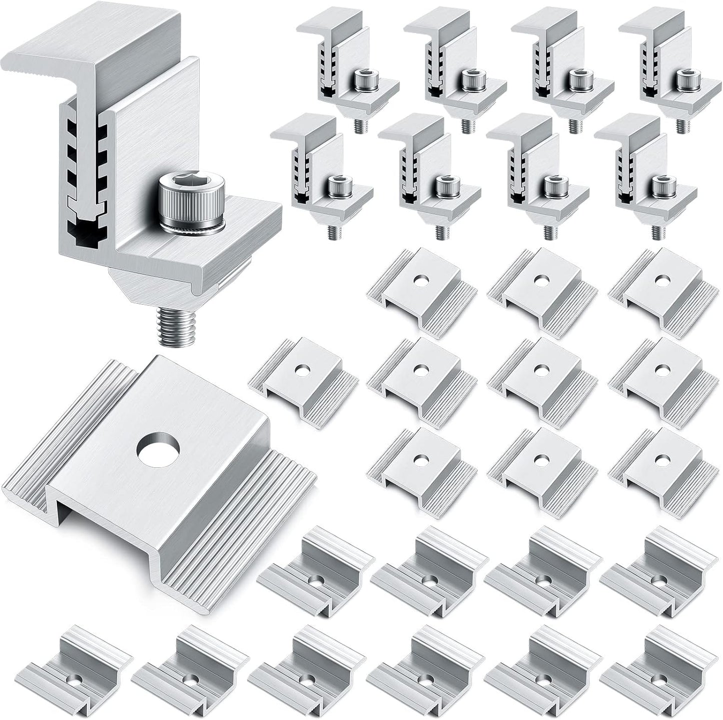 1.06 Inch Solar Panel Bracket Aluminum Solar Mid Clam with Mounting Brackets 32-50 mm Clamps Adjustable End Panel Clamps(56 Pieces)