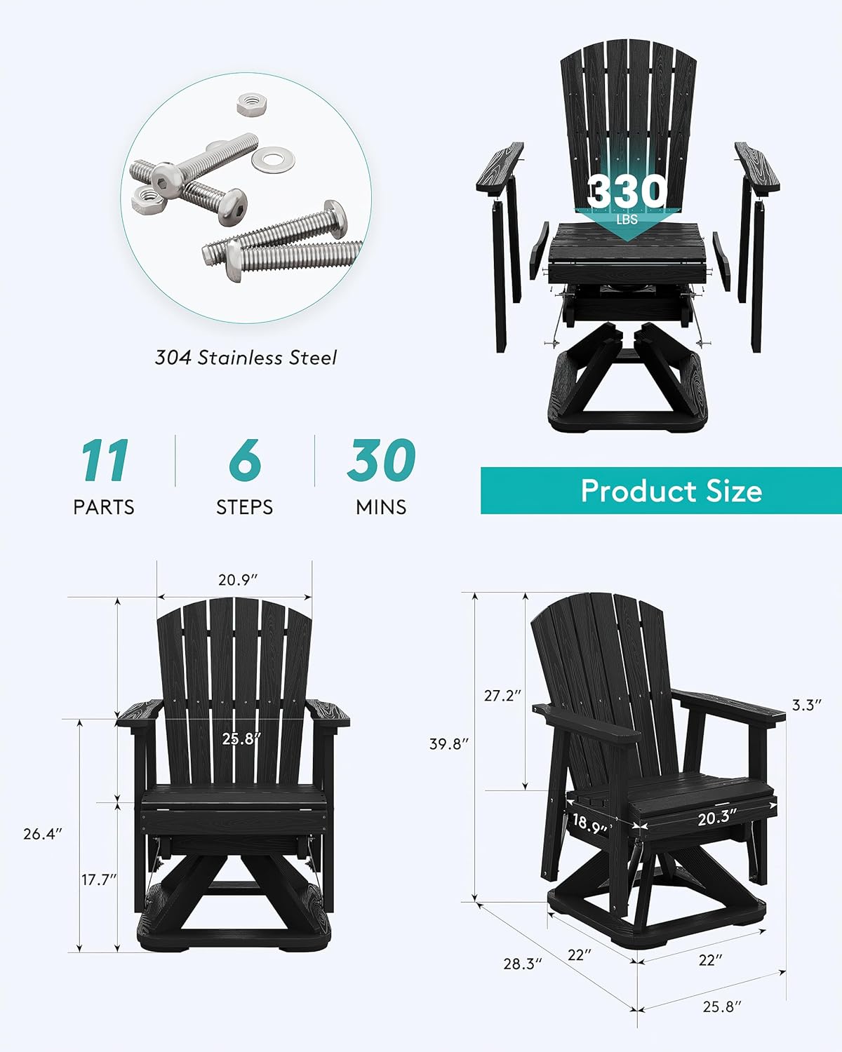 SERWALL Adirondack Swivel Glider Chair, HDPE Swivel Glider Set of 2 for Outdoor, All-Weather Glider Chair for Porch, Balcony, Midnight Black