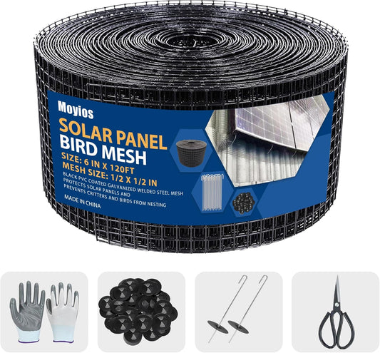 6in x 120ft Solar Panel Bird Mesh Black PVC Coated Steel Solar Panel Bird Guard Proofing| 60 Fastener Clips Prevents Birds, Pigeons, and Critter Guard from Getting Under The Solar Panels