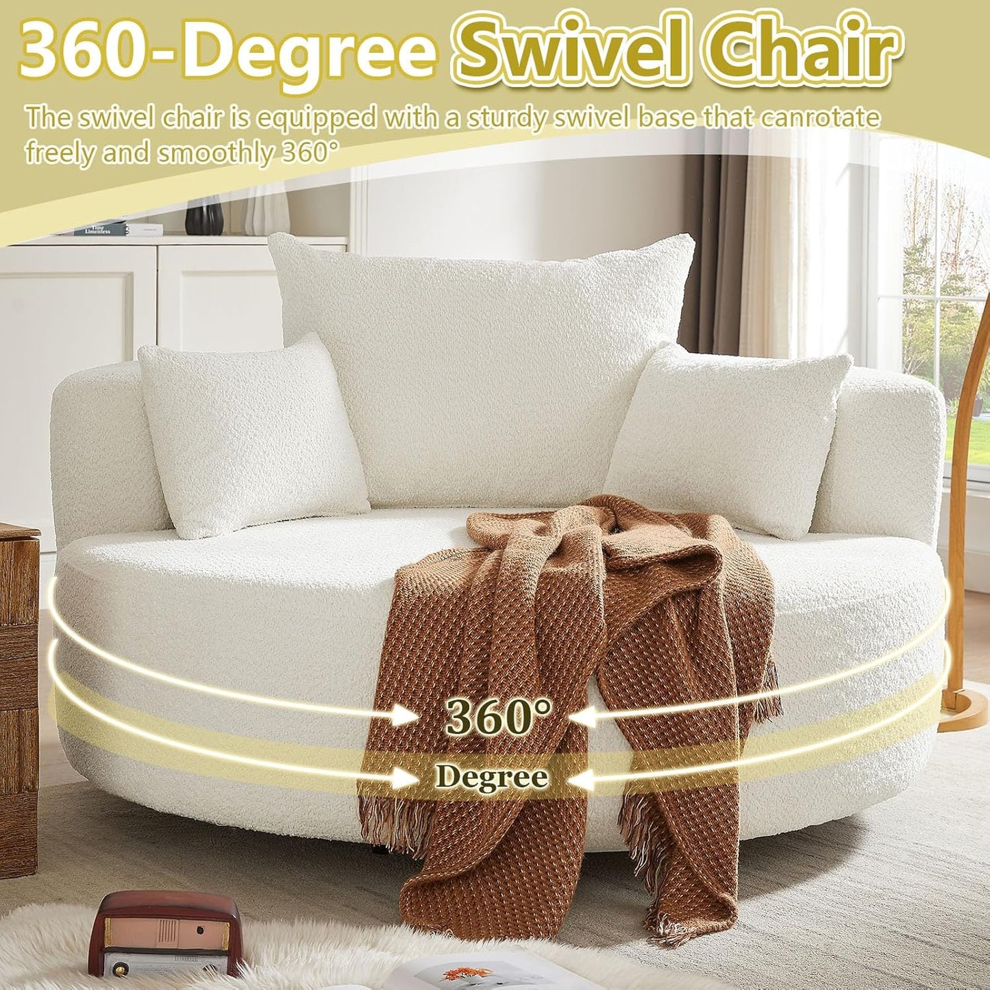 55" Oversized Round Swivel Chaise Longue Chair Indoor, Modern 360 Degree Swivel Upholstered Chenille Deep Seat Circle Comfy Single Cloud Sofa Chair for Living Room Bedroom Apartment Office, Beige