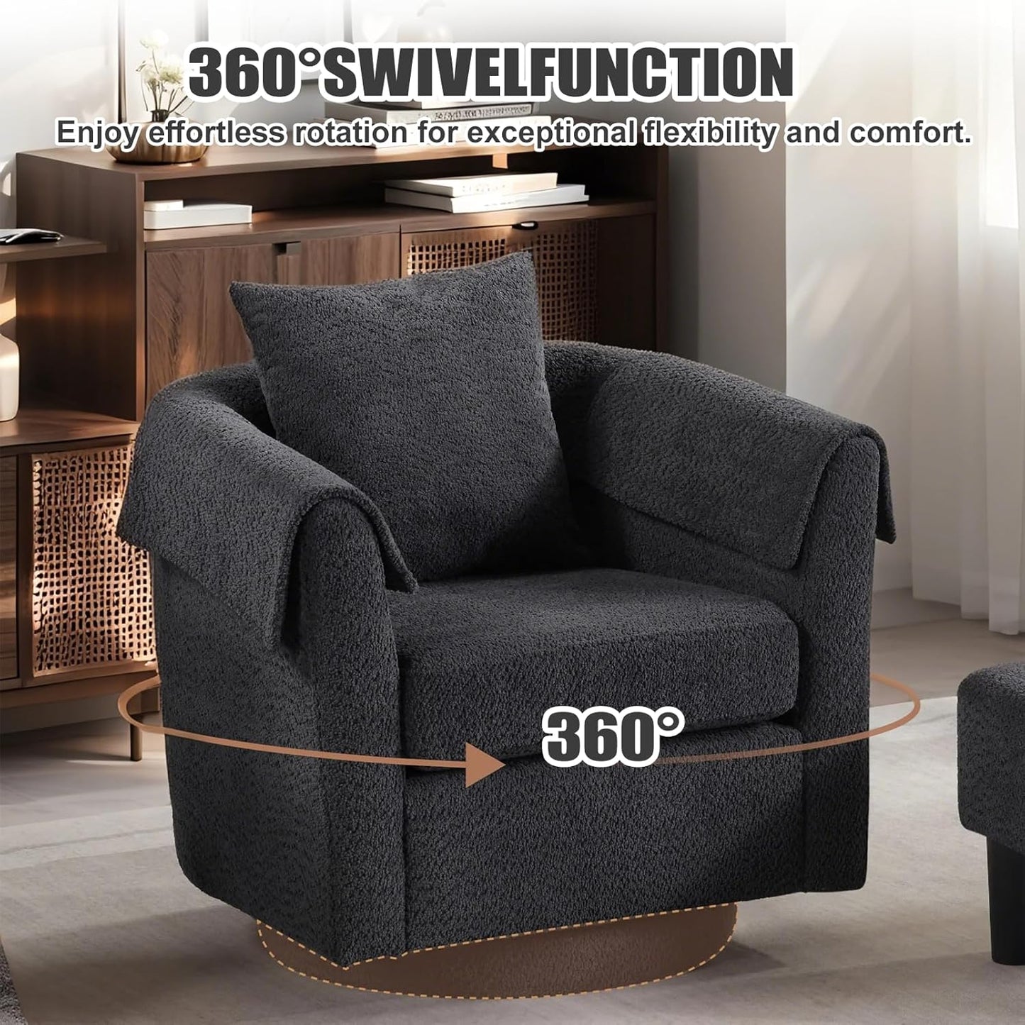 360 Swivel Accent Chair with Ottoman Set, Modern Chenille Barrel Armchair for Living Room, Comfy Reading Chair with Footrest & Removable Pillow & 2 Armrest Covers, Sofa Seat for House/Office(Black)