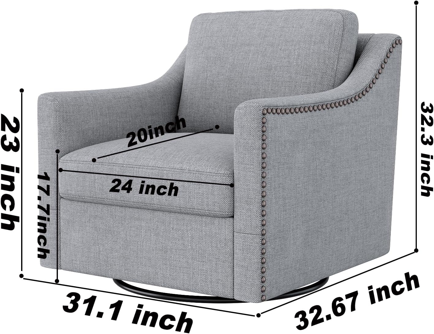 360 Degree Swivel Armchair Cotton Linen Fabric Ergonomic Design Brass Nail Decorative Armchair Living Room Chairs Bedroom Chairs (Gray)