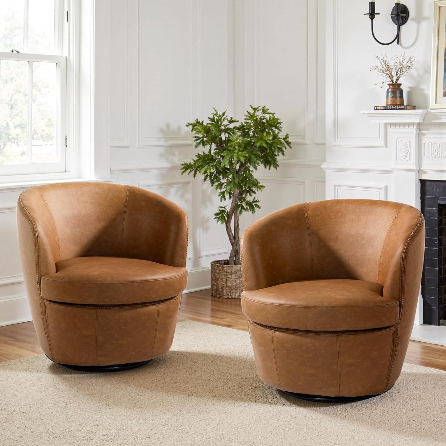 UIXE PU Leather Swivel Barrel Accent Chair, Modern Round Swivel Chair Comfy Upholstered Armchair for Living Room, Vintage Arm Chair Single Sofa Bedroom Reading Seats - Chocolate