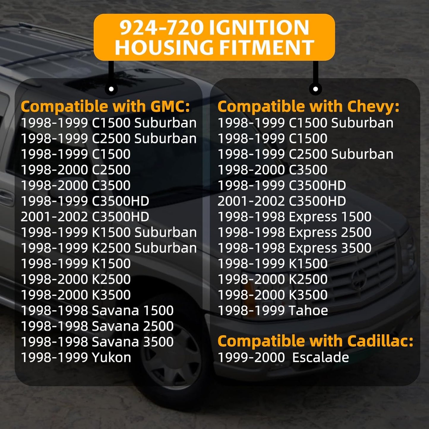 924-720 Ignition Assembly Ignition Lock Cylinder Housing Compatible with Chevy Surburban Tahoe Express GMC Savana Yukon Cadillac Escalade 1998 1999 2000 Replaces # 26049449