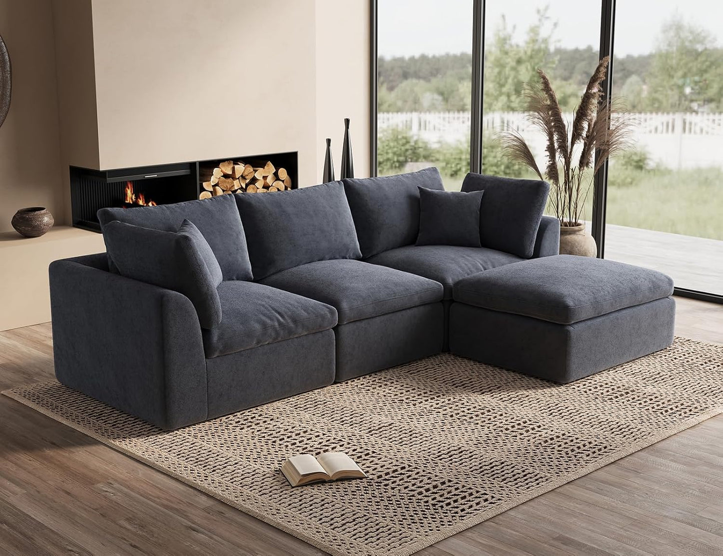 110" Cloud Sectional Couches for Living Room, Convertible L-Shape Couch with Ottoman, 3 Seater Modular Sectional Sofa, Warm White
