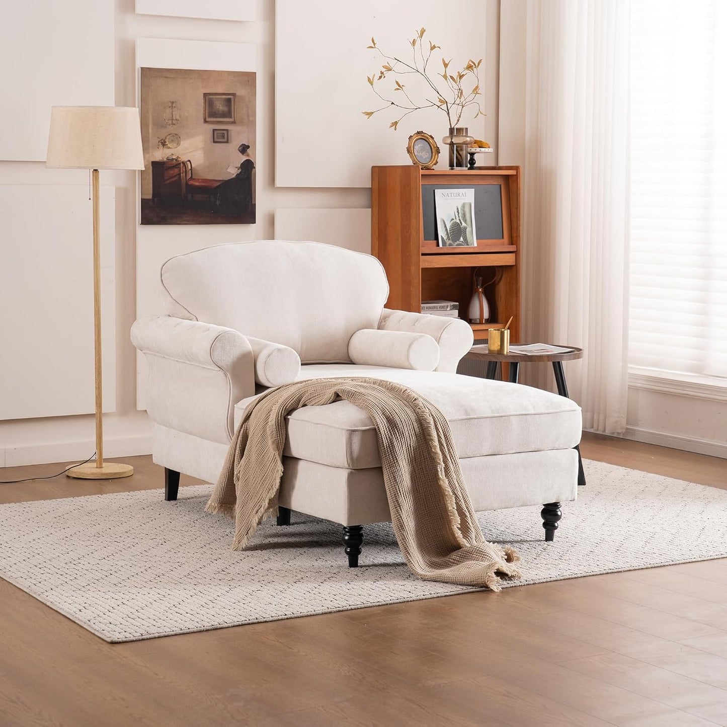 Chaise Lounge Chair Indoor with 2 Pillows, Leisure Upholstered Sofa Recliner, Chenille Single Chair for Living Room, Bedroom, Office (Orange)