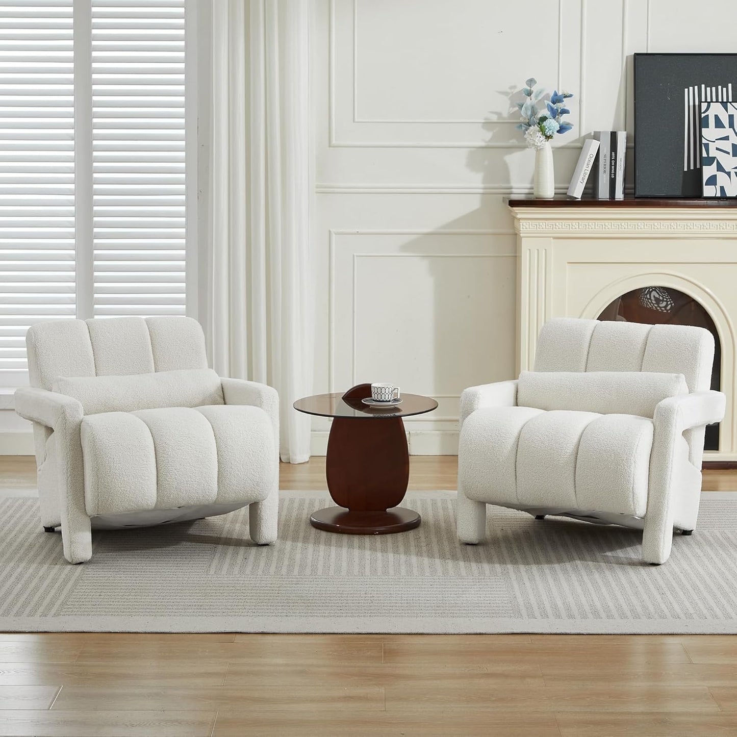 LOULENS Sherpa Accent Chair Set of 2 for Living Room, Modern Upholstered Armchair with Thick Cushion and Pillow, Comfy Lounge Chair for Bedroom, Apartment, Waiting Room,Beige