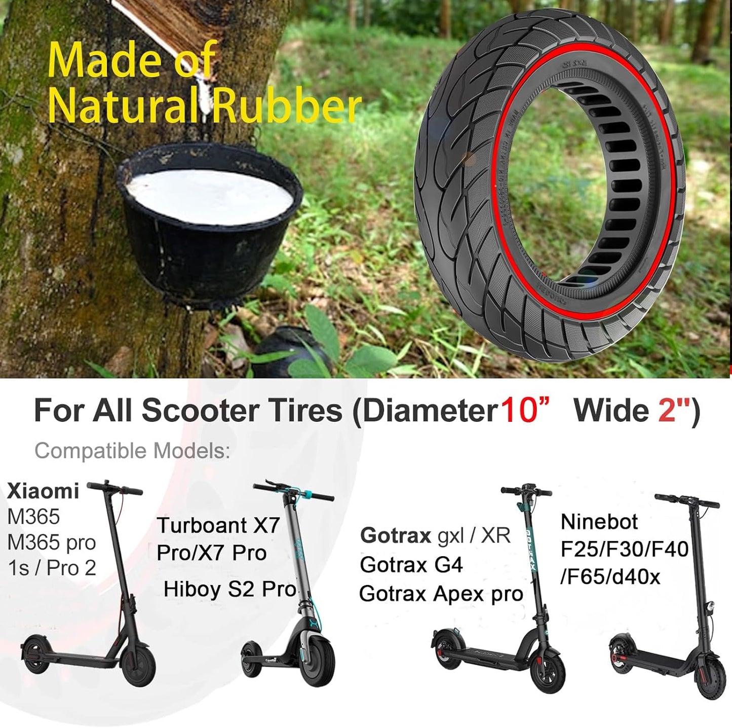 2PCS 10X2 Solid Tire, 10x2.125 Inch Tires Replacement for Gotrax G4 GXL V2 Ninebot Segway F25 F30 F40 F60 D40x Electric Scooter, 50/75-6.1 10 Inch Off Road Front Rear Tubeless Tire Wheel (Red)