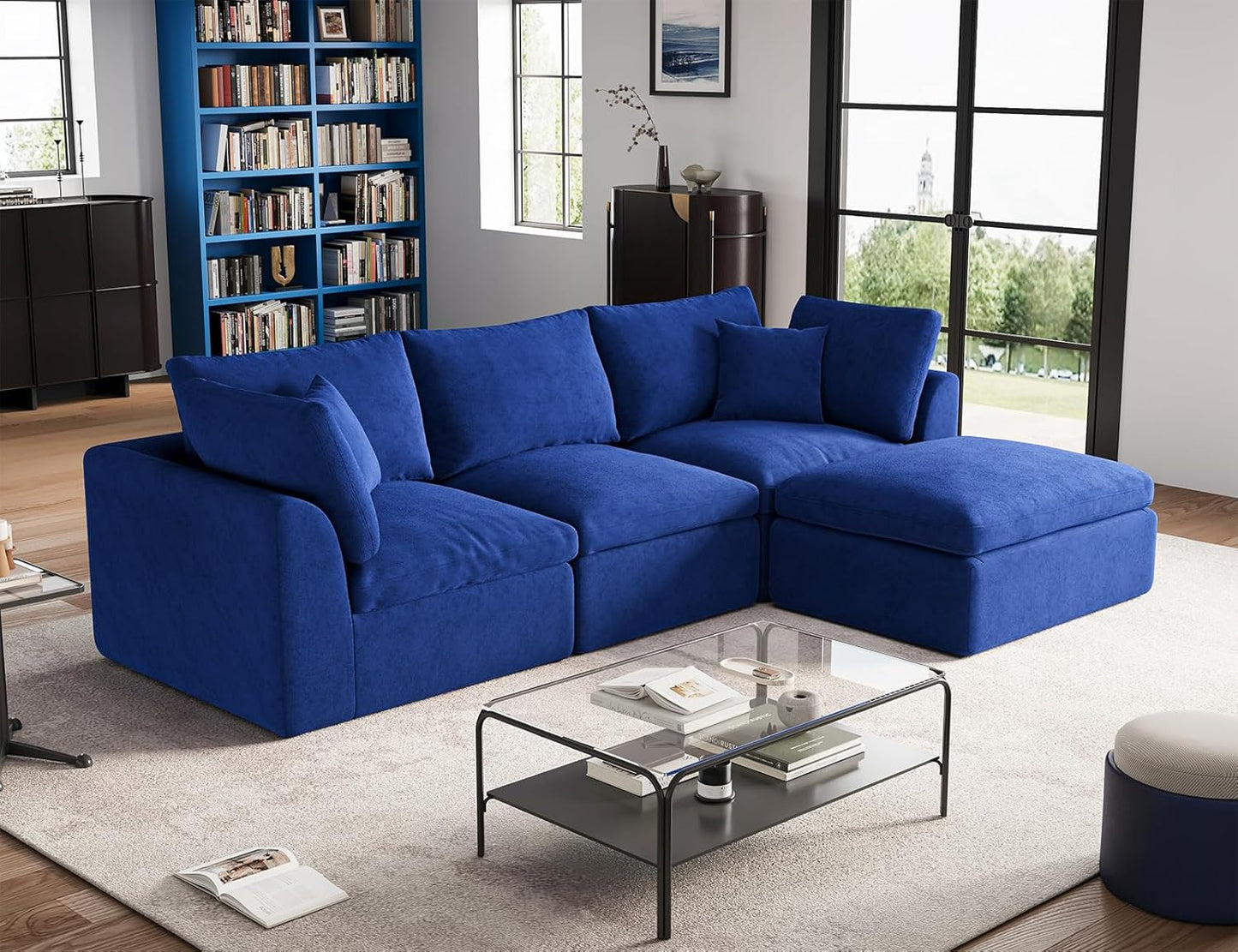 110" Cloud Sectional Couches for Living Room, Convertible L-Shape Couch with Ottoman, 3 Seater Modular Sectional Sofa, Warm White