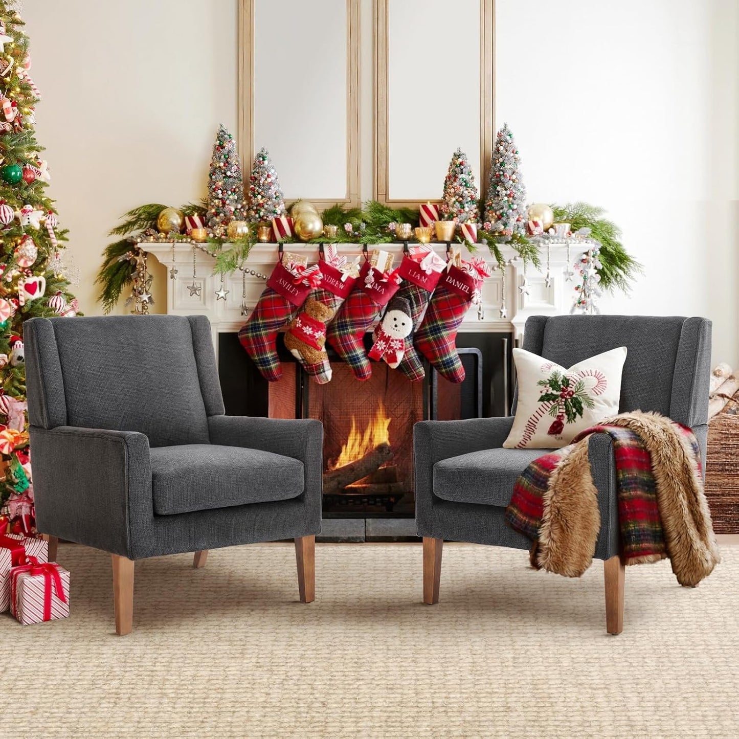 COLAMY Modern Wingback Living Room Chair Set of 2, Upholstered Fabric Accent Armchair, Single Sofa Chair with Lounge Seat and Wood Legs for Bedroom/Office/Reading Spaces, Beige