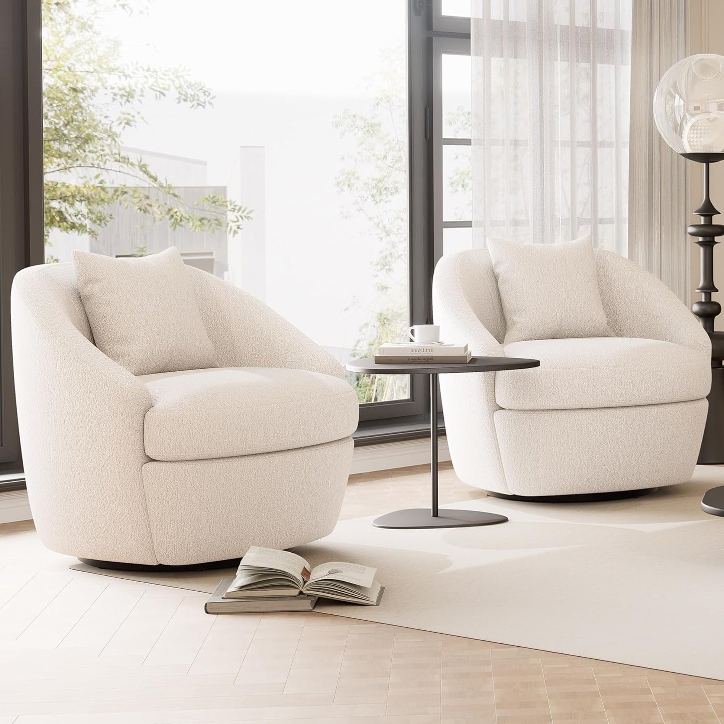 Rowill 360° Swivel Accent Chair, Modern Upholstered Boucle Fabric Single Armchair with Back Pillow, 33” Wide Cozy Round Barrel Living Room Chair for Bedroom, Reading Nook, Club Nursery, White