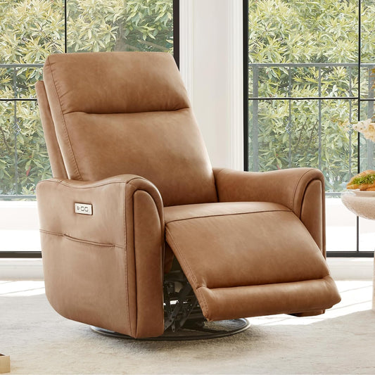 Watson & Whitely Power Swivel Rocker Recliner, Reclining Chair with Memory Foam for Living Room, Faux Leather RC011 (Camel)