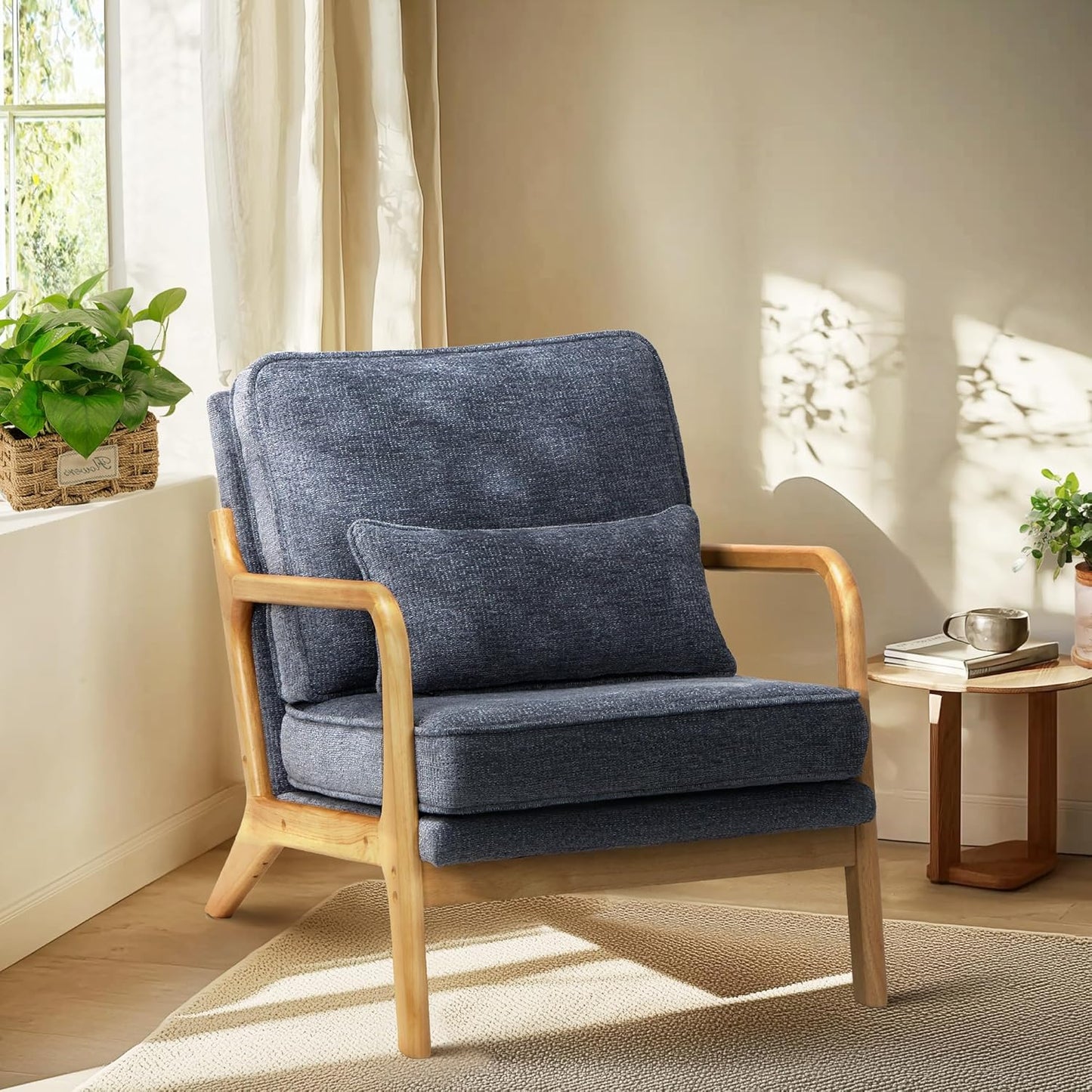 COLAMY Mid Century Modern Accent Chair Set of 2 with Lumbar Pillow, Relaxing Armchair with Solid Wood Frame & Soft Cushion, Reading Leisure Chair for Living Room（Beige）