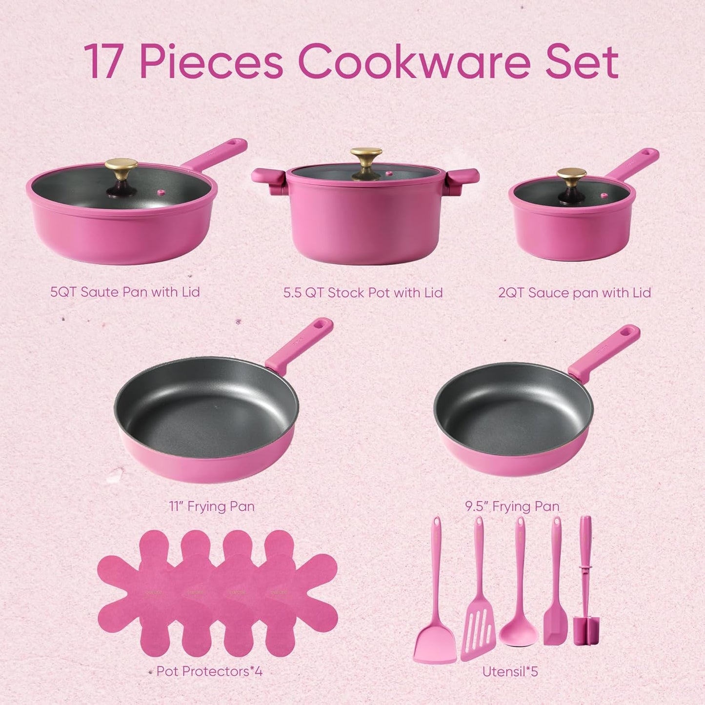 CAROTE Non Stick Pots and Pans Set, Cookware Sets Nonstick, Kitchen Cooking Set with Stay-Cool Handles,with Silicone Tools and Pot Protectors,17 Piece