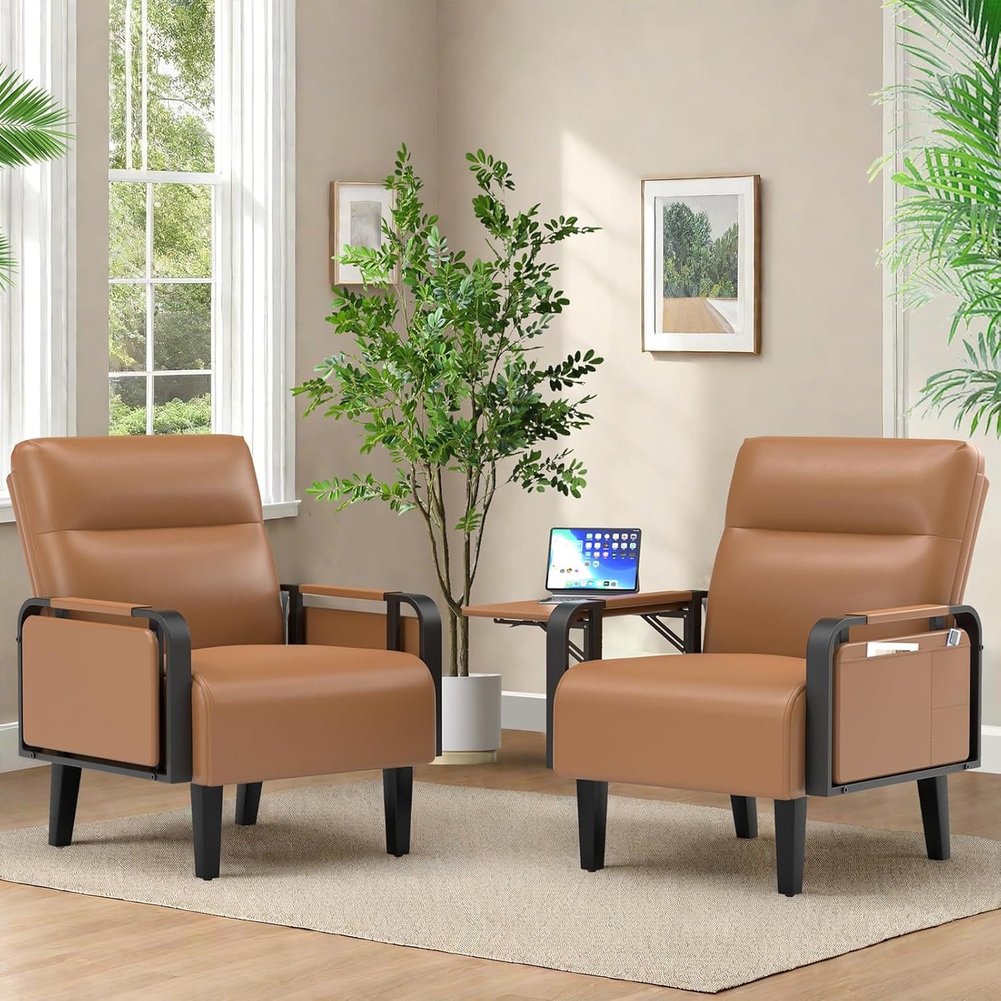 Upholstered Accent Chairs Set of 2, Faux Leather Armchair with Tray Table, Comfy Reading Chair for Living Room, Bedroom, Guest Room, Gray