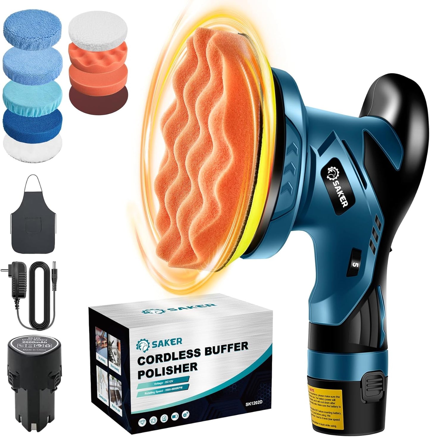 Saker Cordless Car Buffer Polisher - 6 Inch Portable Waxer Machine Kit with 2x2000mAh Batteries & 6 Variable Speed, Extra 16 PCS Attachments, Polisher for Car Detailing, Scratch Removing