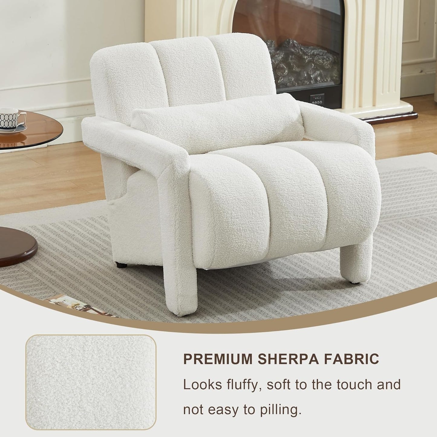 LOULENS Sherpa Accent Chair Set of 2 for Living Room, Modern Upholstered Armchair with Thick Cushion and Pillow, Comfy Lounge Chair for Bedroom, Apartment, Waiting Room,Beige