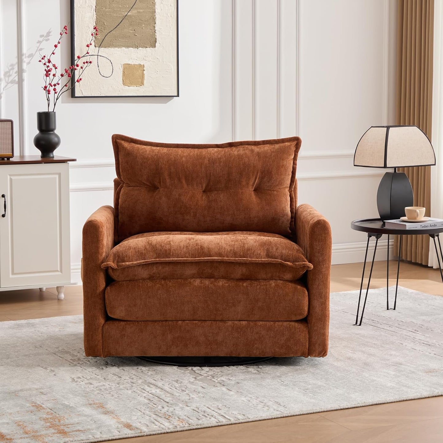 Swivel Accent Chair, 360° Rotating Square Arm Chair, Modern Accent Chair with Solid Metal Base, Chenille Comfy Upholstered Single Sofa for Living Room Bedroom Office (Gray)