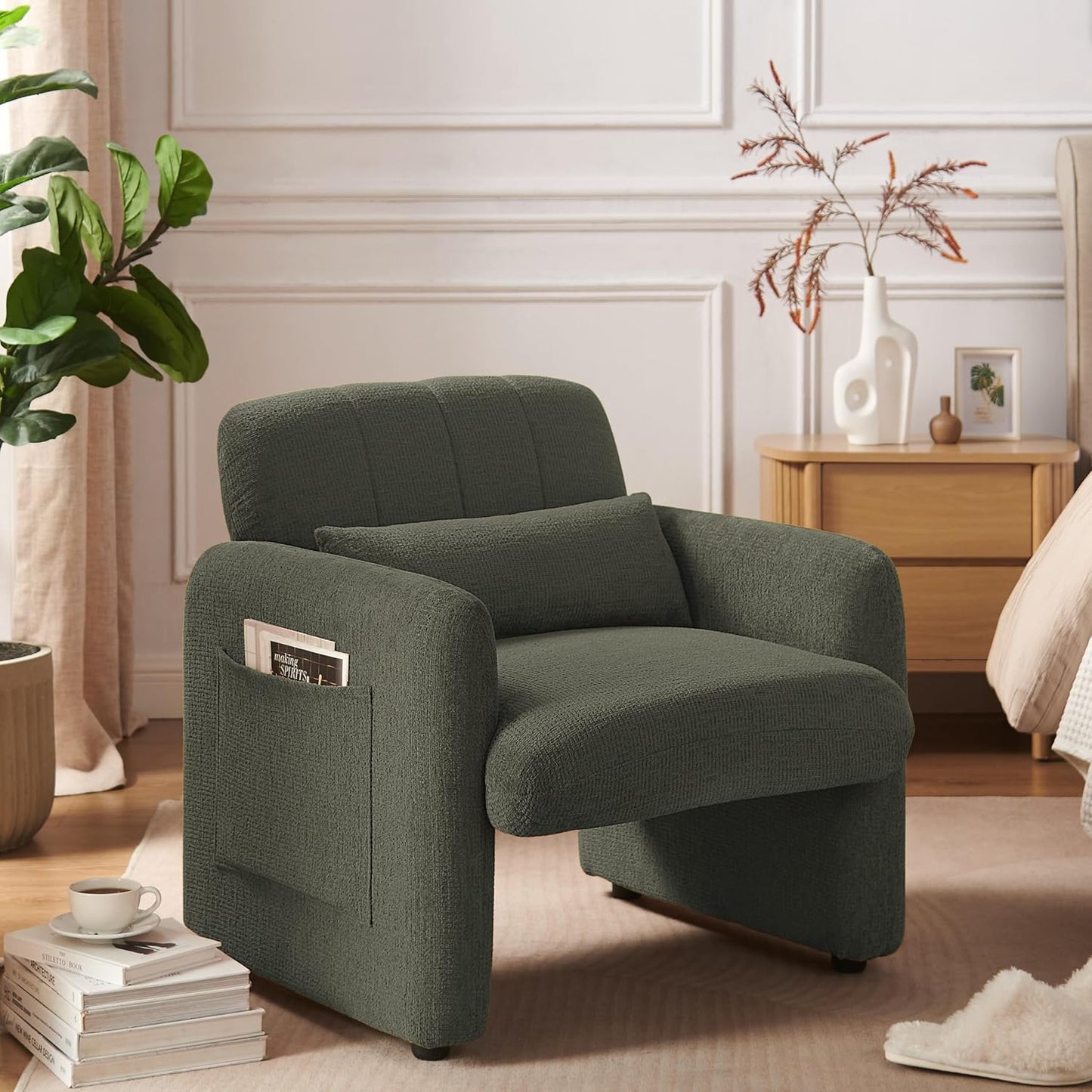 VKNOW Accent Chair Living Room Chair, Modern Fabric Chenille Armed Chair, Comfy Upholstered Armchair with Support Pillow for Living Room Bedroom Office, Light Brown