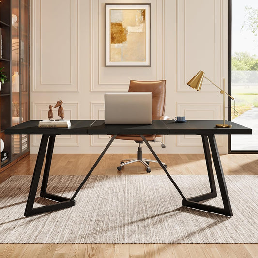 Tribesigns 70.86-Inch Large Executive Desk, Modern Computer Office Desk Workstation with Metal Frame, Rectangular Laptop Desk Study Writing Table for Home Office (Black)