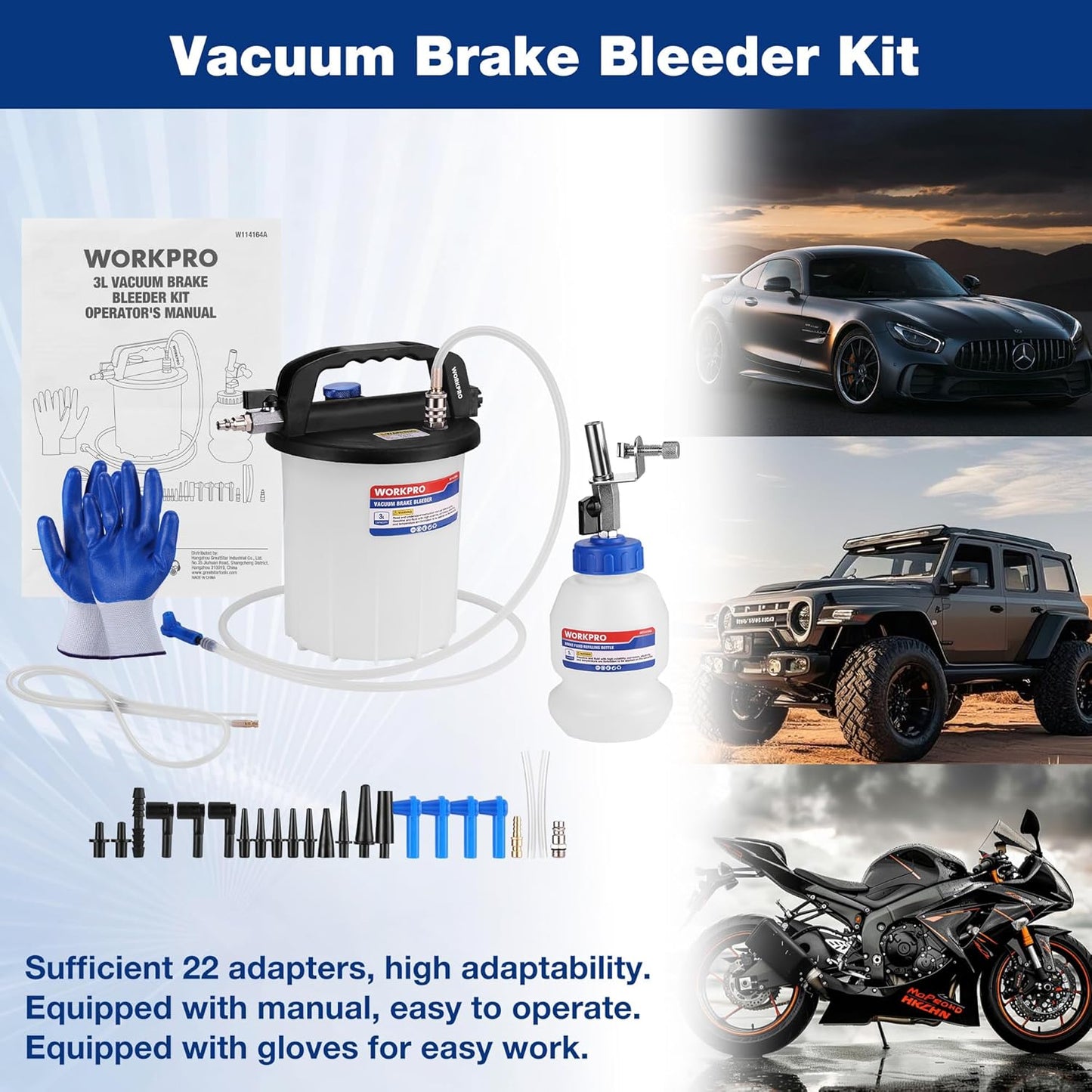 WORKPRO 3L Vacuum Brake Bleeder Kit, Pneumatic Brake Bleeder for One Person, with 1L Brake Fluid Refill Bottle, 22 Adapters, Air Coupler & Gloves, Brake Bleeding Tool for Various Vehicles, Motorcycles