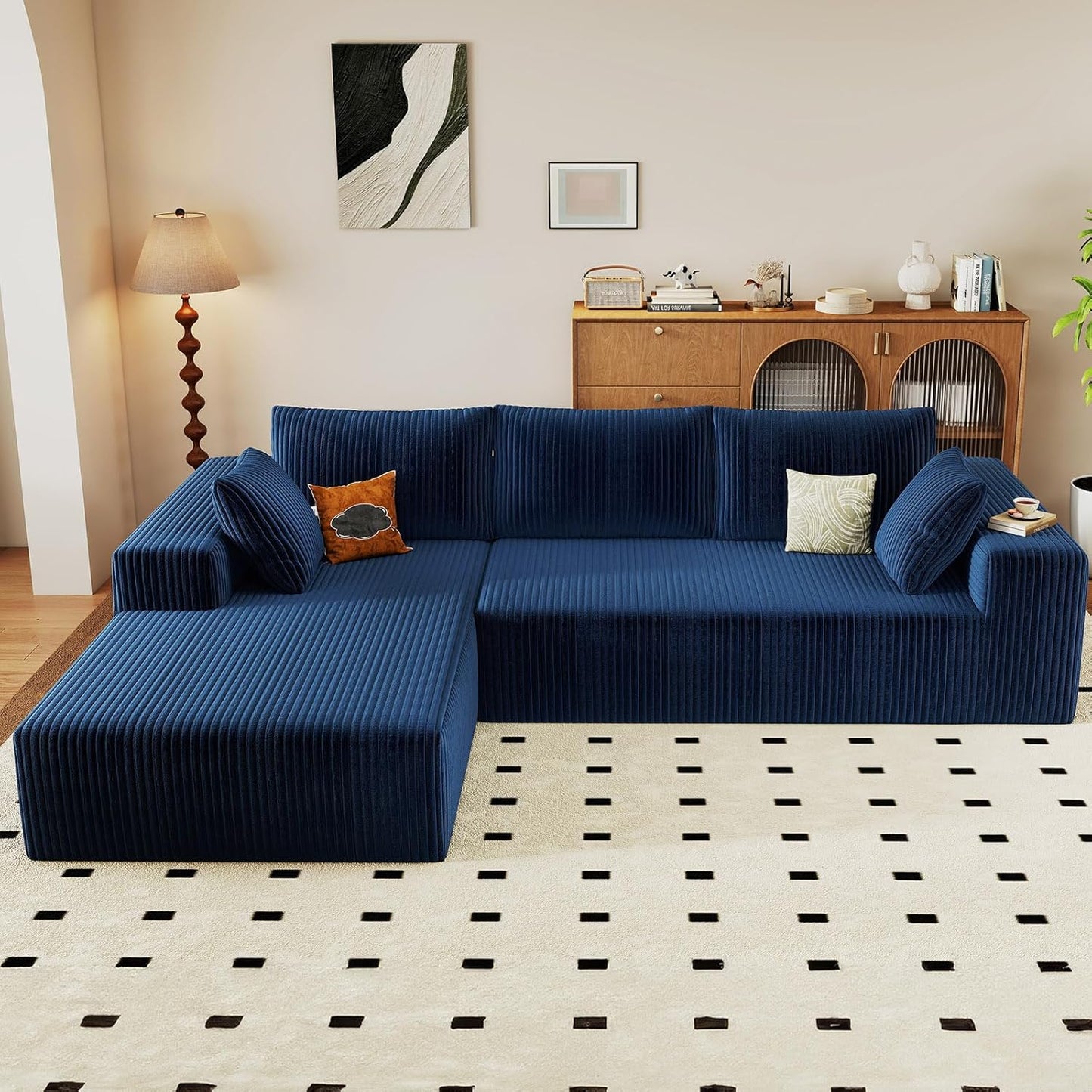 107" Modular Sectional Couches for Living Room, Comfy Boneless L Shaped Cloud Couch with Chaise Lounge, Modern Cozy Corduroy Deep Seat Floor Sofa, Memory Foam, No Assembly Required, Black
