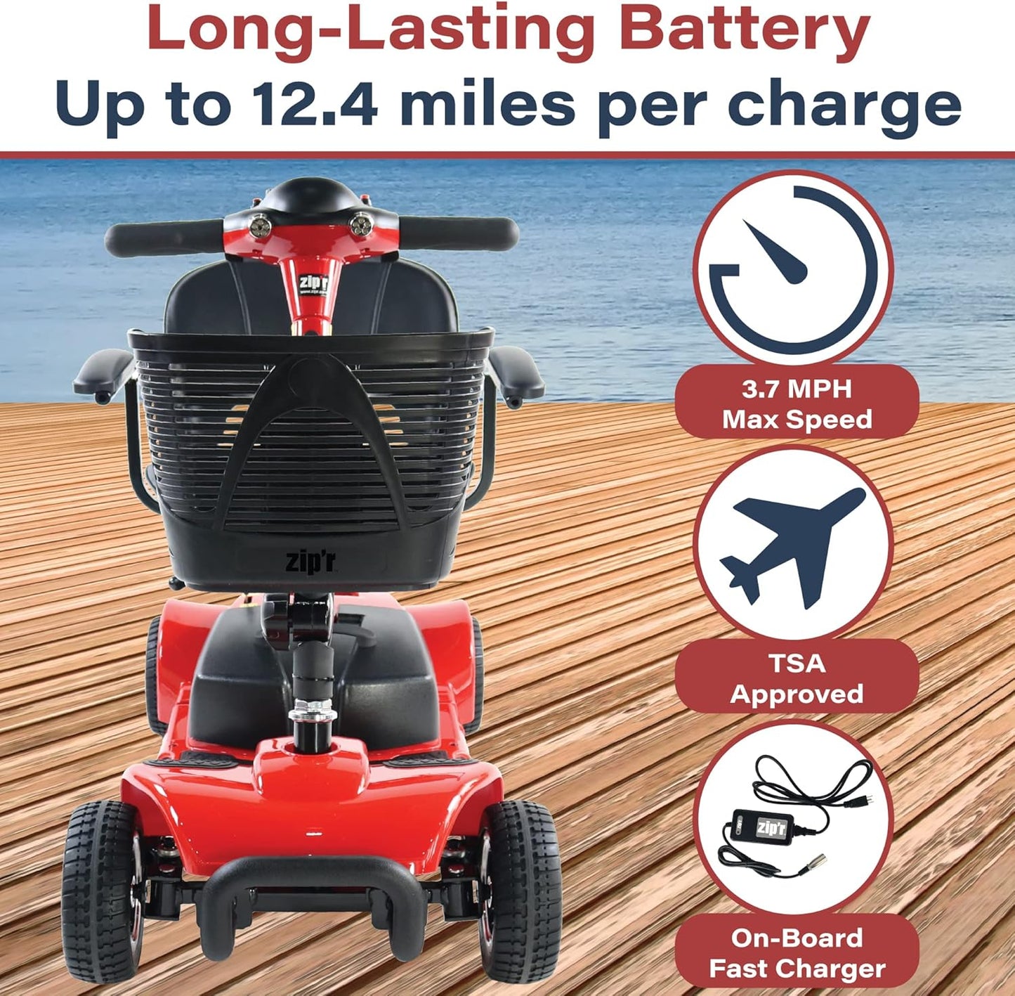 Zipr Roo 4 Wheel Mobility Scooter - Electric Powered Wheelchair Medical Aid - Compact Heavy Duty Mobile for Travel, Seniors, Adults, Handicapped - Long Range Battery with Charger Basket Included