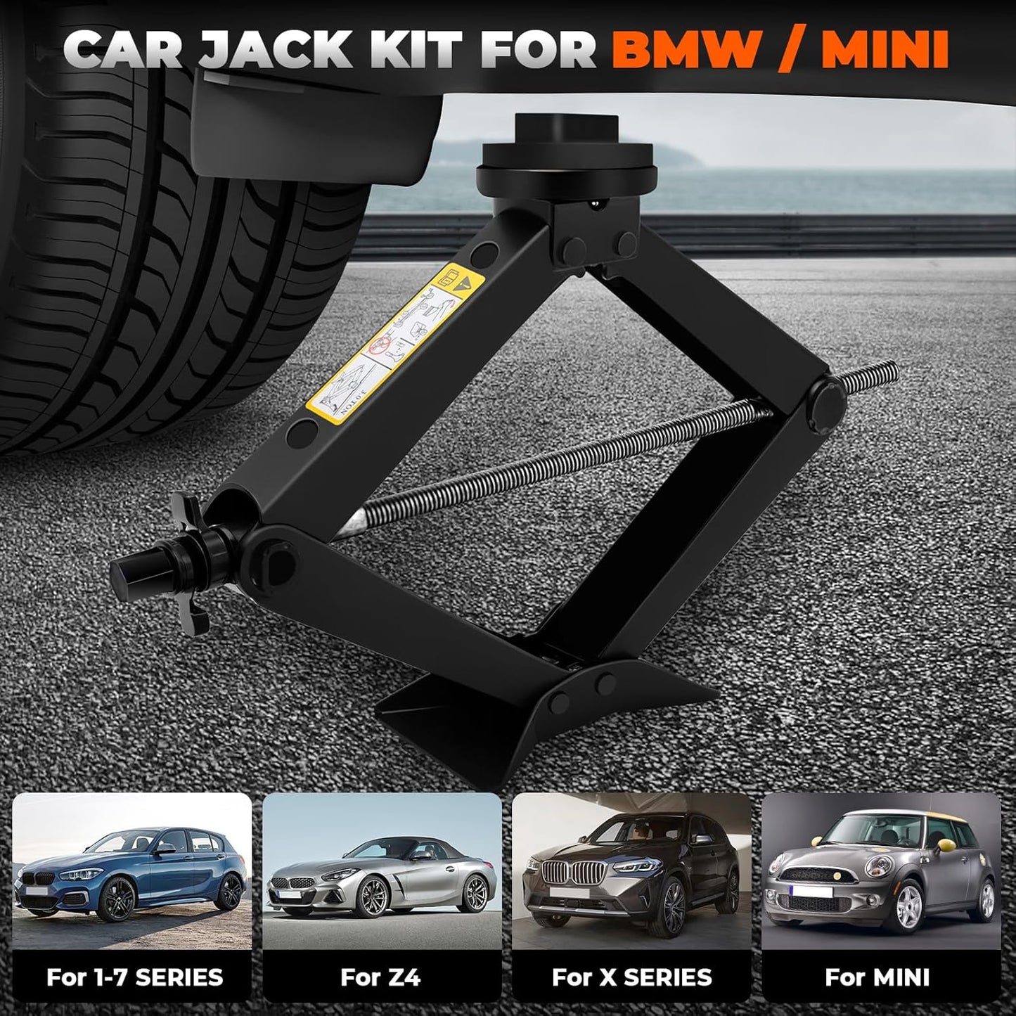 3-Ton Scissor Jack Kit for BMW & MINI with Rubber Jack Pads, Car Spare Tire Repair Tool Kit for BMW with Scissor Jack, Tire Changing Tools for BMW with Telescoping Lug Wrench (17/19/21/23mm)