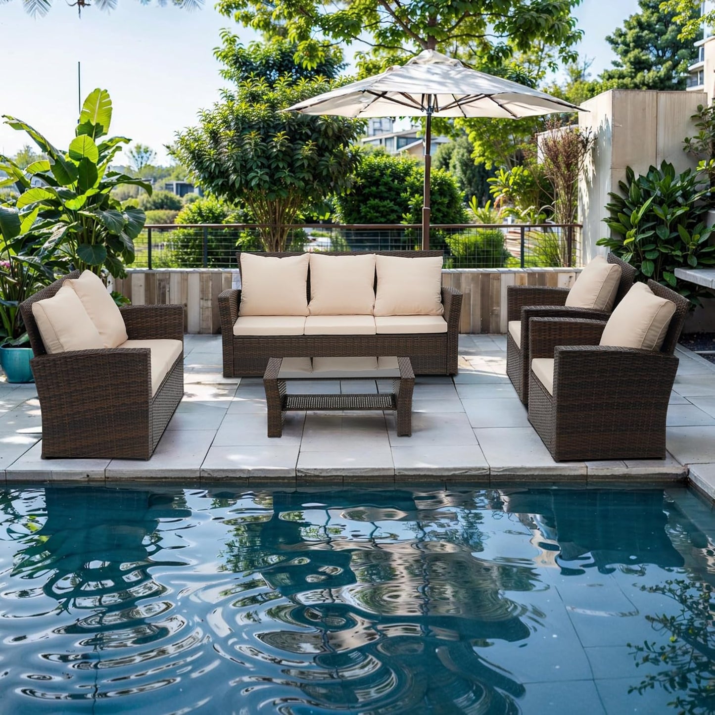 Wisteria Lane 4 Piece Patio Furniture Set, Wicker Outdoor Patio Conversation Furniture Set, All Weather Outdoor Patio Sofa with Cushion and Glass Table, Brown